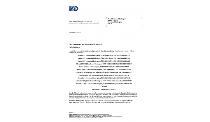 Oznámenie o prerušení distribúcie elektriny