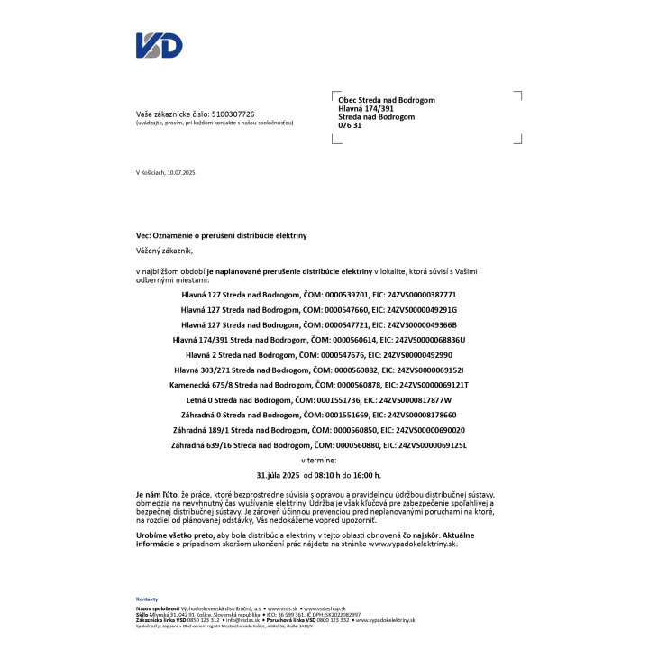 Oznámenie o prerušení distribúcie elektriny