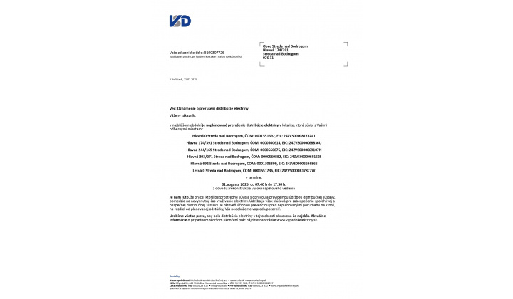 Oznámenie o prerušení distribúcie elektriny