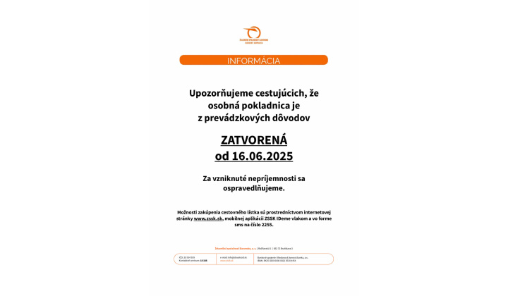 Zmena prevádzkovania predajne cestovných dokladov ZSSK-zatvorenie osobnej pokladnice Streda nad Bodrogom