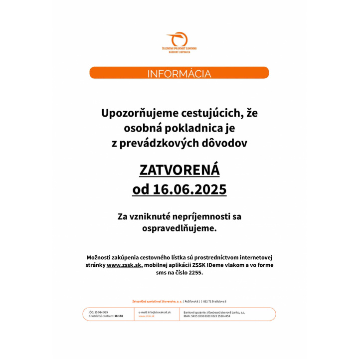 Zmena prevádzkovania predajne cestovných dokladov ZSSK-zatvorenie osobnej pokladnice Streda nad Bodrogom